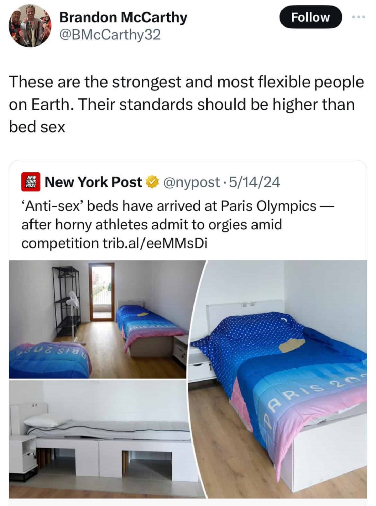 Bed - Brandon McCarthy These are the strongest and most flexible people on Earth. Their standards should be higher than bed sex New York Post New York Post . 51424 'Antisex' beds have arrived at Paris Olympics after horny athletes admit to orgies amid…