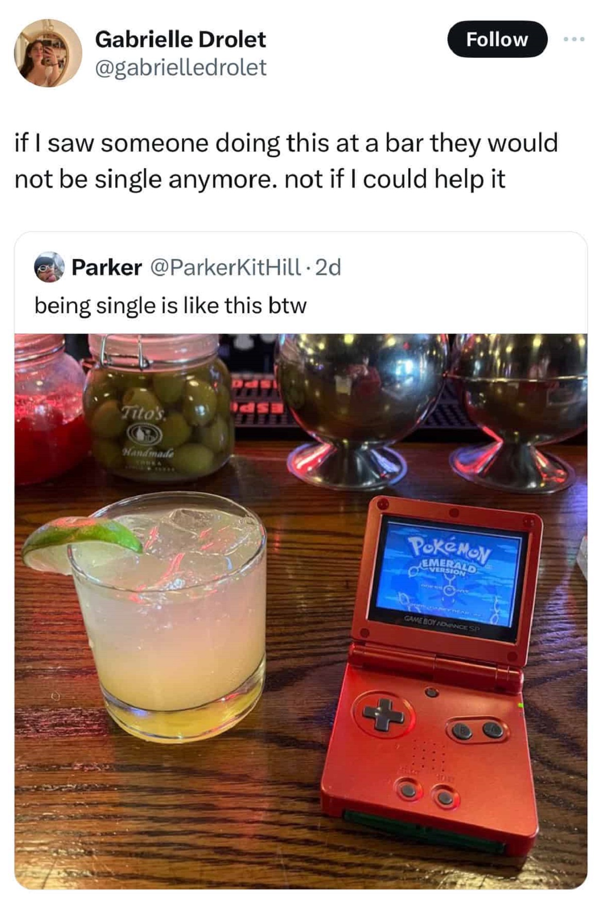 Video game - Gabrielle Drolet if I saw someone doing this at a bar they would not be single anymore. not if I could help it Parker being single is this btw Tita PokeMay