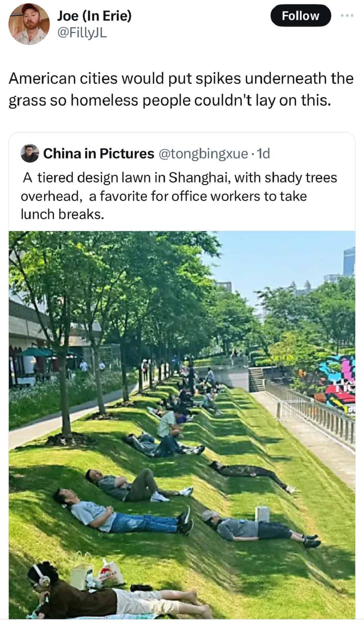 Shanghai Observed - Joe In Erie American cities would put spikes underneath the grass so homeless people couldn't lay on this. China in Pictures 1d A tiered design lawn in Shanghai, with shady trees overhead, a favorite for office workers to take lunch br