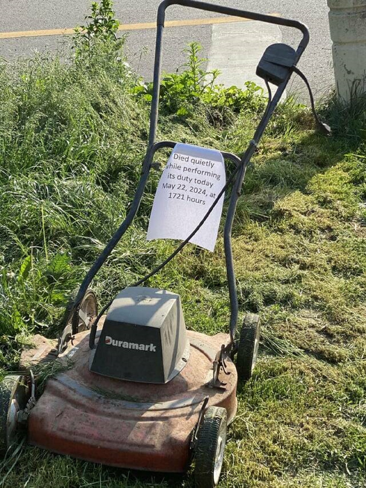"Someone in the neighborhood wanted to honor their fallen mower."