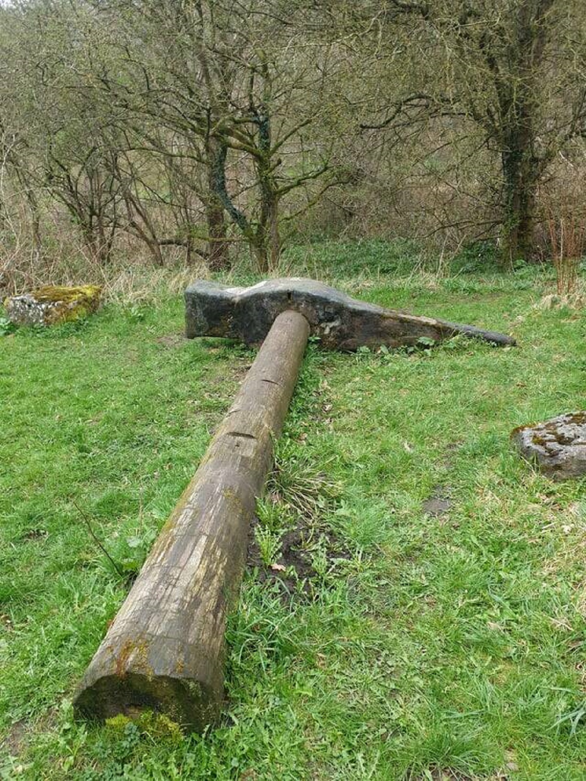 "Human sized hammer just chilling in the woods"