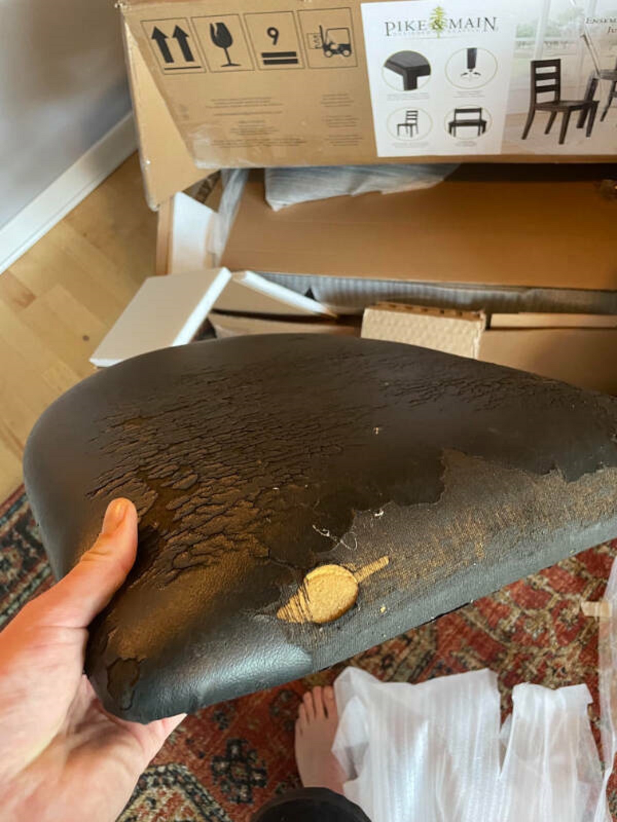 “It seems that someone purchased the same dining set, replaced it with their used and smoke infused seats, then returned it. Costco must’ve restocked it without inspecting it for the next unlucky customer (me).”