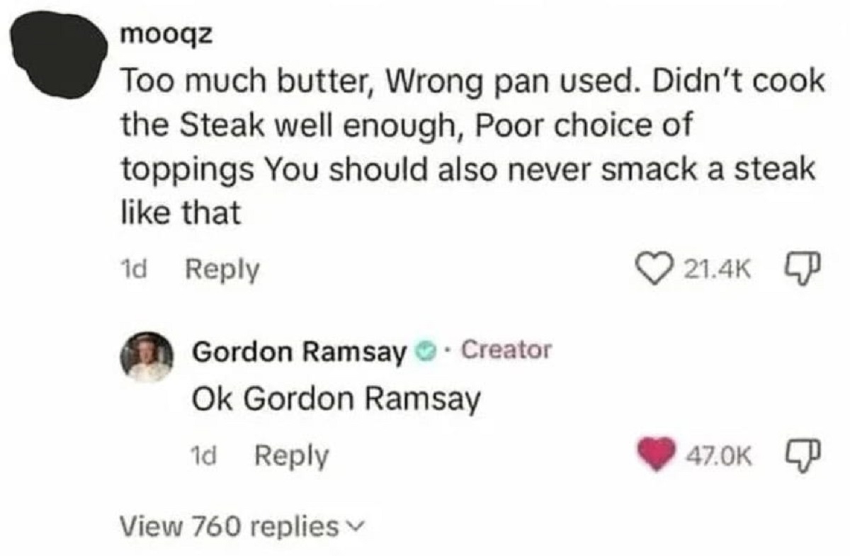 screenshot - mooqz Too much butter, Wrong pan used. Didn't cook the Steak well enough, Poor choice of toppings You should also never smack a steak that 1d Gordon Ramsay Creator Ok Gordon Ramsay 1d View 760 replies