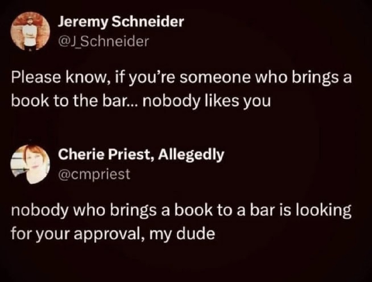 insect - Jeremy Schneider Please know, if you're someone who brings a book to the bar... nobody you Cherie Priest, Allegedly nobody who brings a book to a bar is looking for your approval, my dude