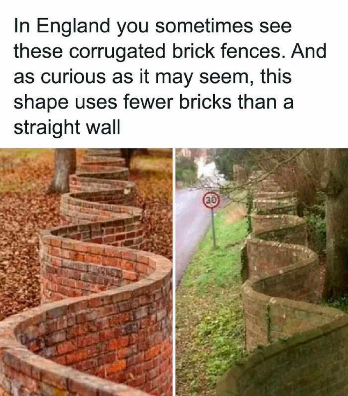wavy wall vs straight wall - In England you sometimes see these corrugated brick fences. And as curious as it may seem, this shape uses fewer bricks than a straight wall 30