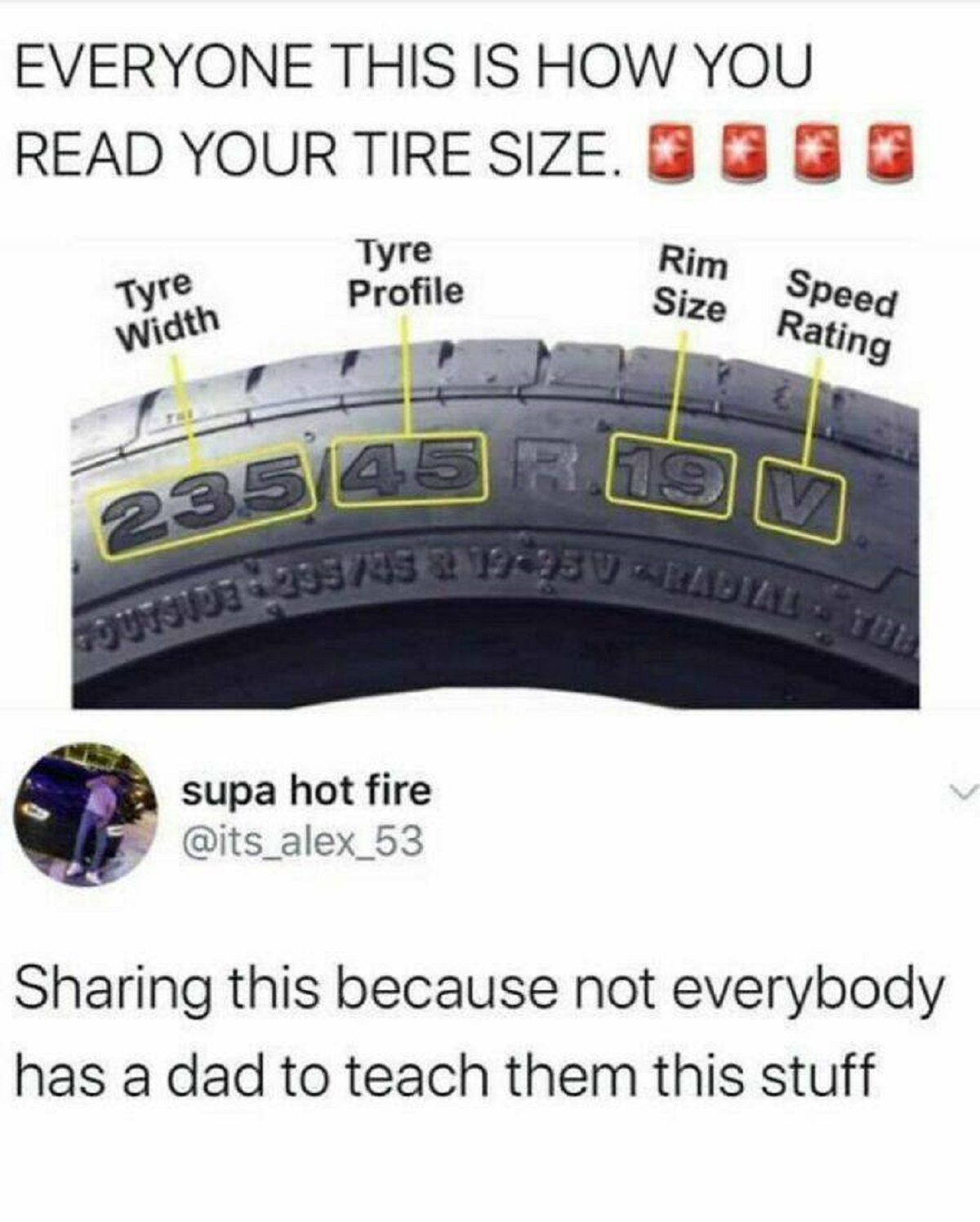 everyone this is how you read your tire size - Everyone This Is How You Read Your Tire Size. Tyre Tyre Profile Rim Width Speed Size Rating 23545 R19 V Outside 29545 & 1925V Radial Tul supa hot fire Sharing this because not everybody has a dad to teach the