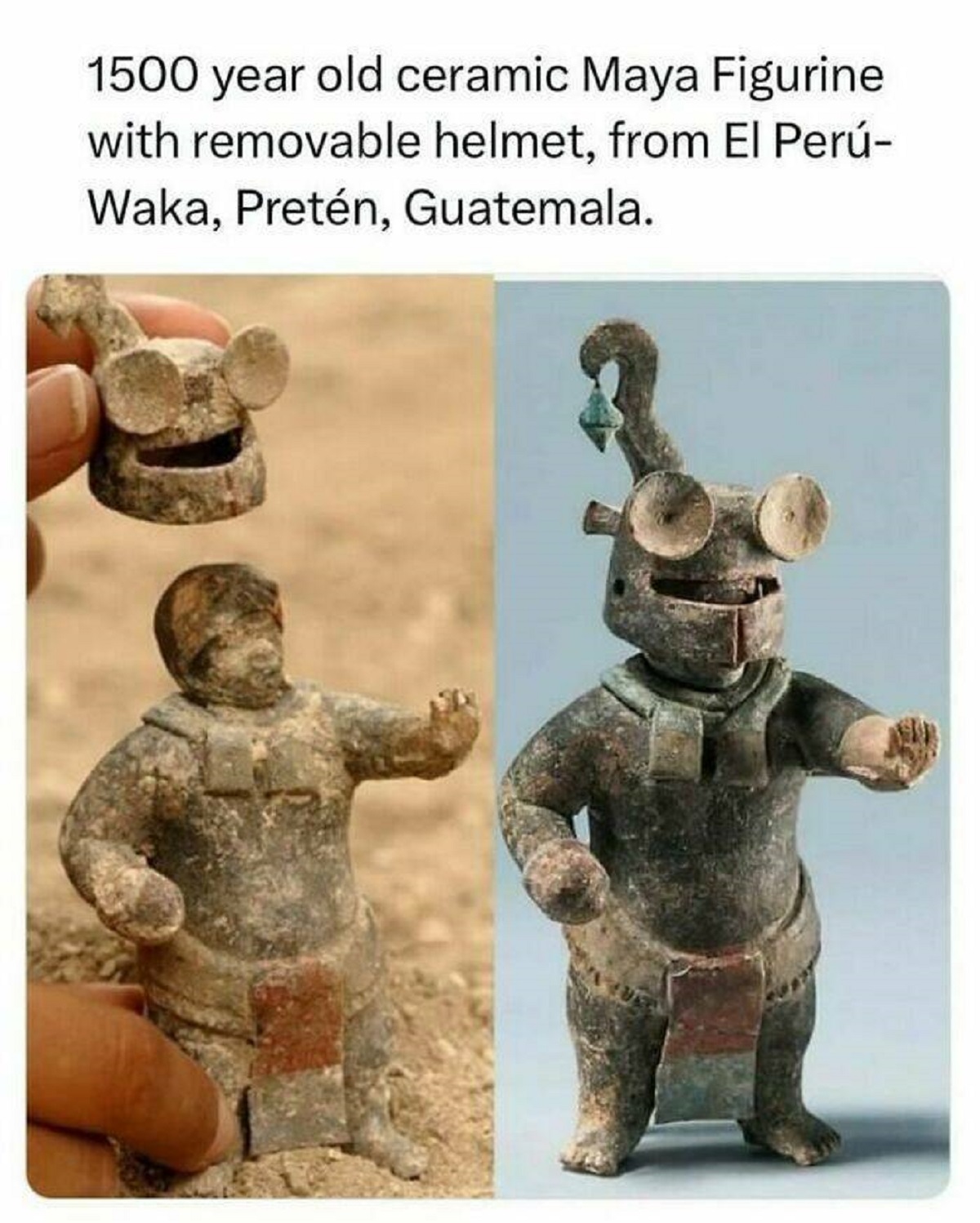 figurine maya - 1500 year old ceramic Maya Figurine with removable helmet, from El Per Waka, Pretn, Guatemala.