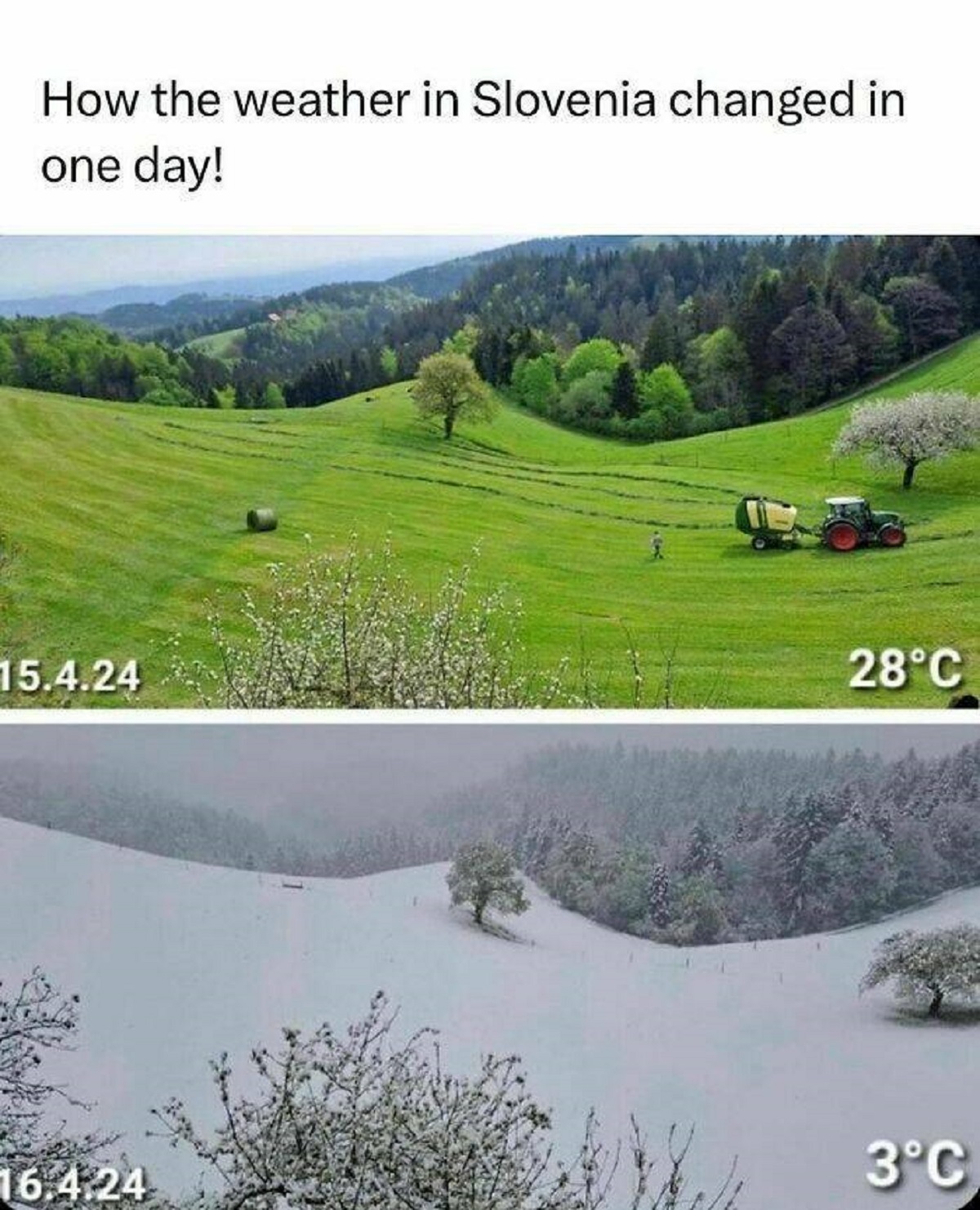 slovenia temperature drop - How the weather in Slovenia changed in one day! 15.4.24 28C 3C 16.4.24