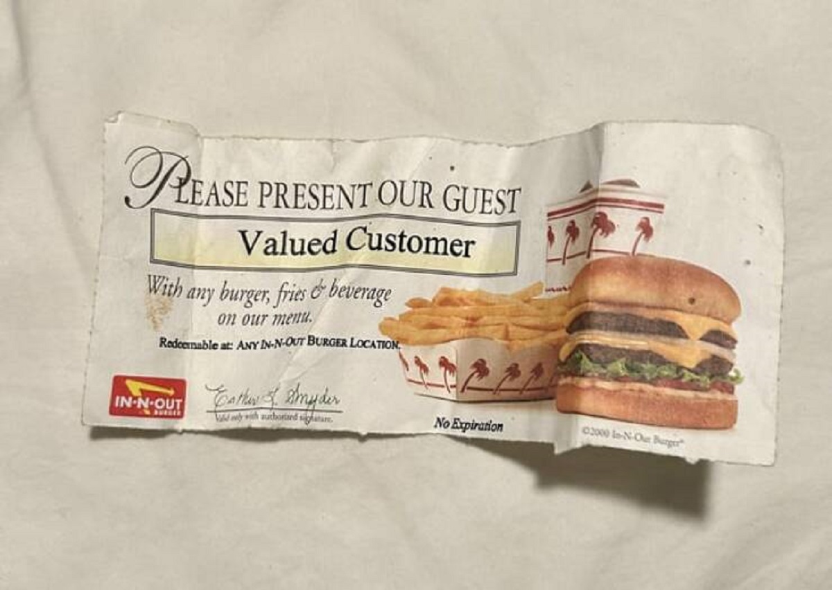 " An In-N-Out meal coupon from 2000"