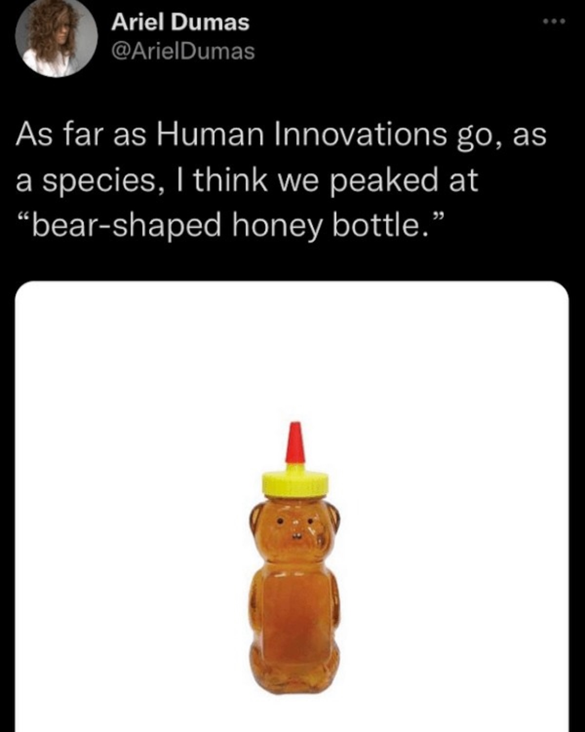 screenshot - Ariel Dumas As far as Human Innovations go, as species, I think we peaked at "bearshaped honey bottle."
