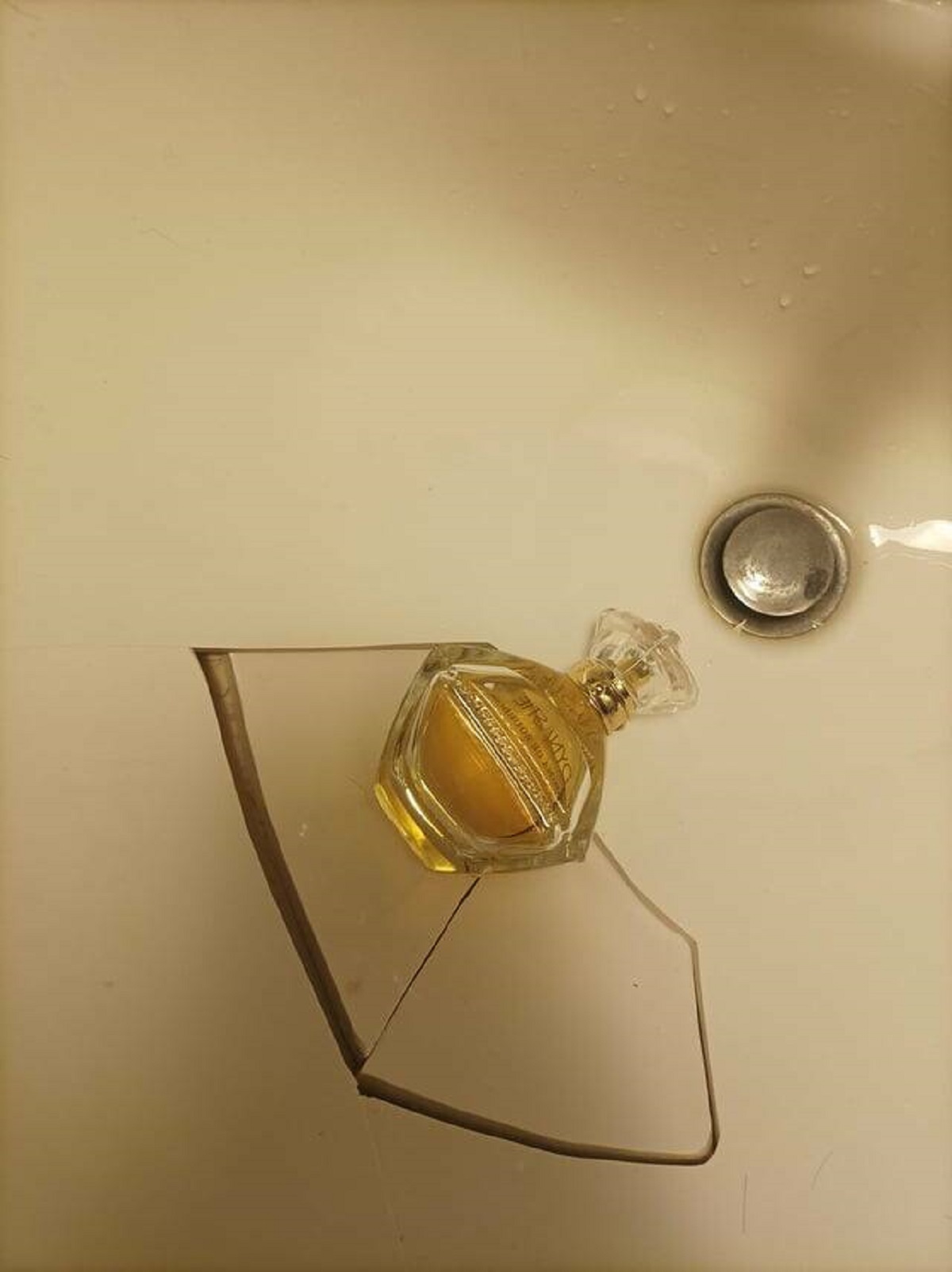 "My cat knocked a perfume bottle off the shelf which broke the sink"