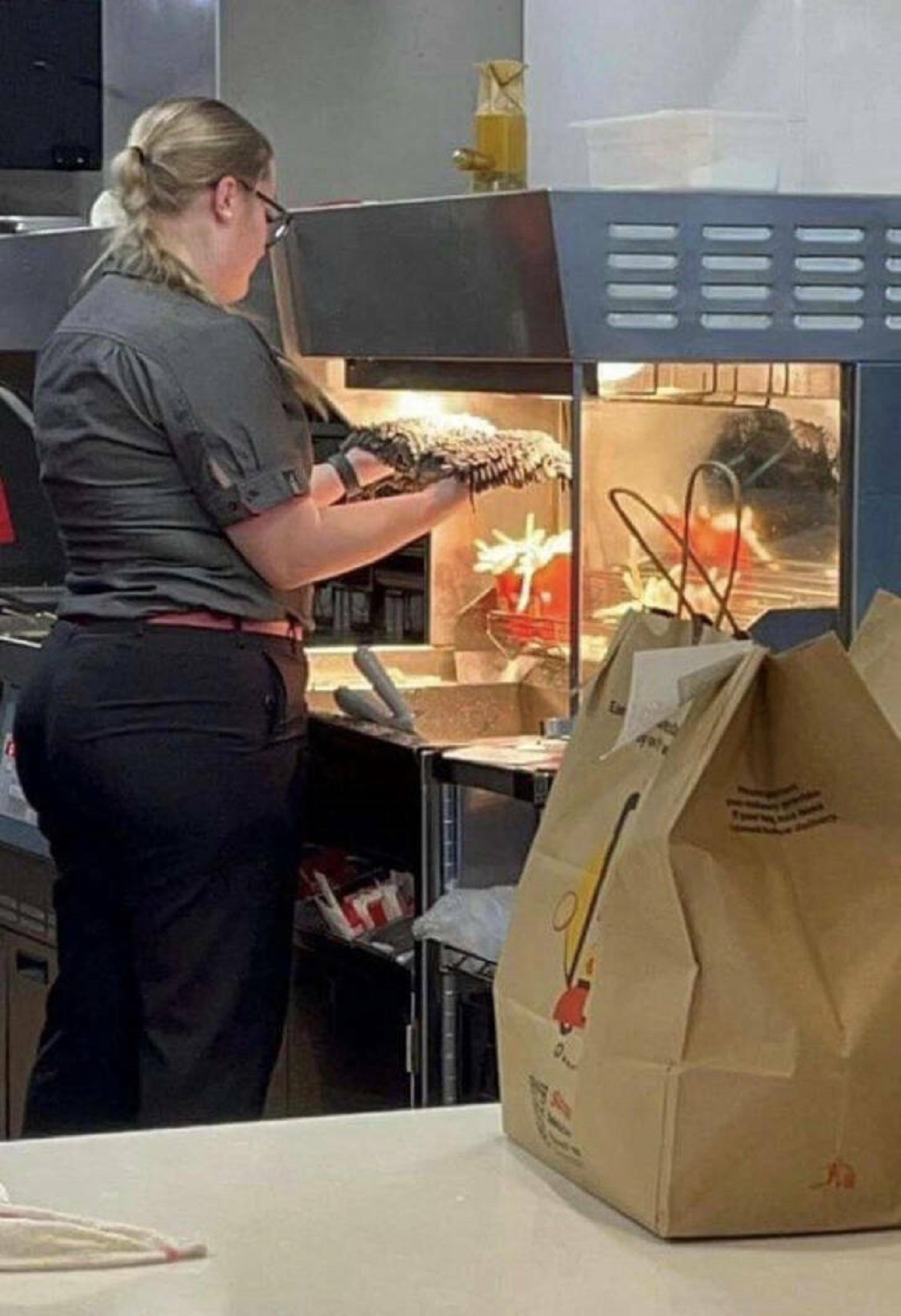 "Drying the mop over the fries."