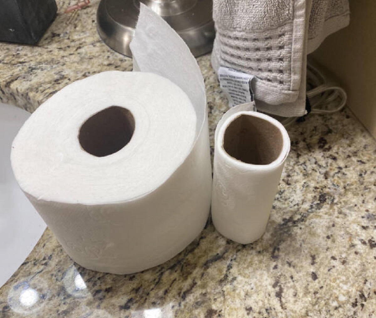 "Brought my sister 2 rolls of toilet paper and this is what was left after one bathroom use."