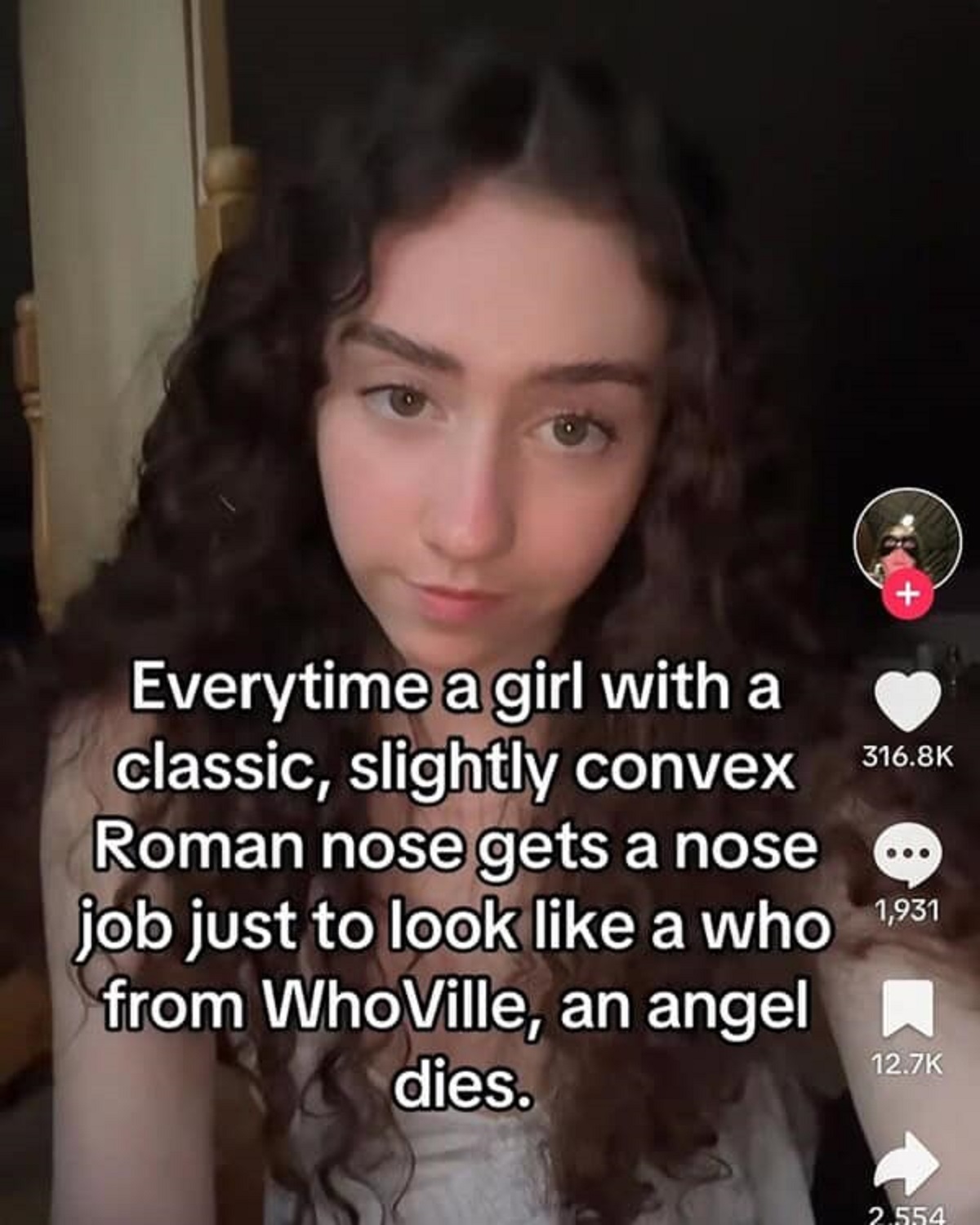 photo caption - Everytime a girl with a classic, slightly convex Roman nose gets a nose job just to look a who 1,931 from WhoVille, an angel A dies. 2.554