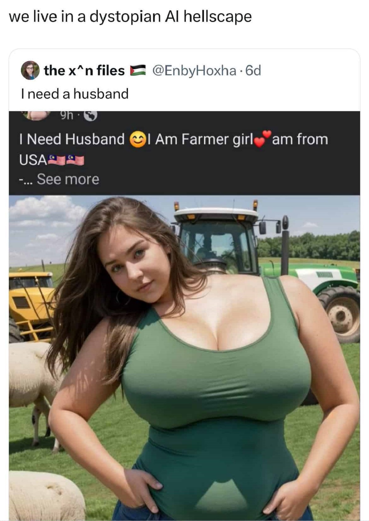 Internet meme - we live in a dystopian Al hellscape the x^n files . 6d I need a husband 9h I Need Husband Usa ... See more I Am Farmer girl am from