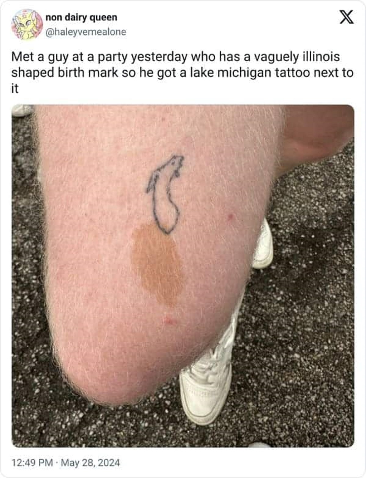 tattoo - non dairy queen X Met a guy at a party yesterday who has a vaguely illinois. shaped birth mark so he got a lake michigan tattoo next to it 8