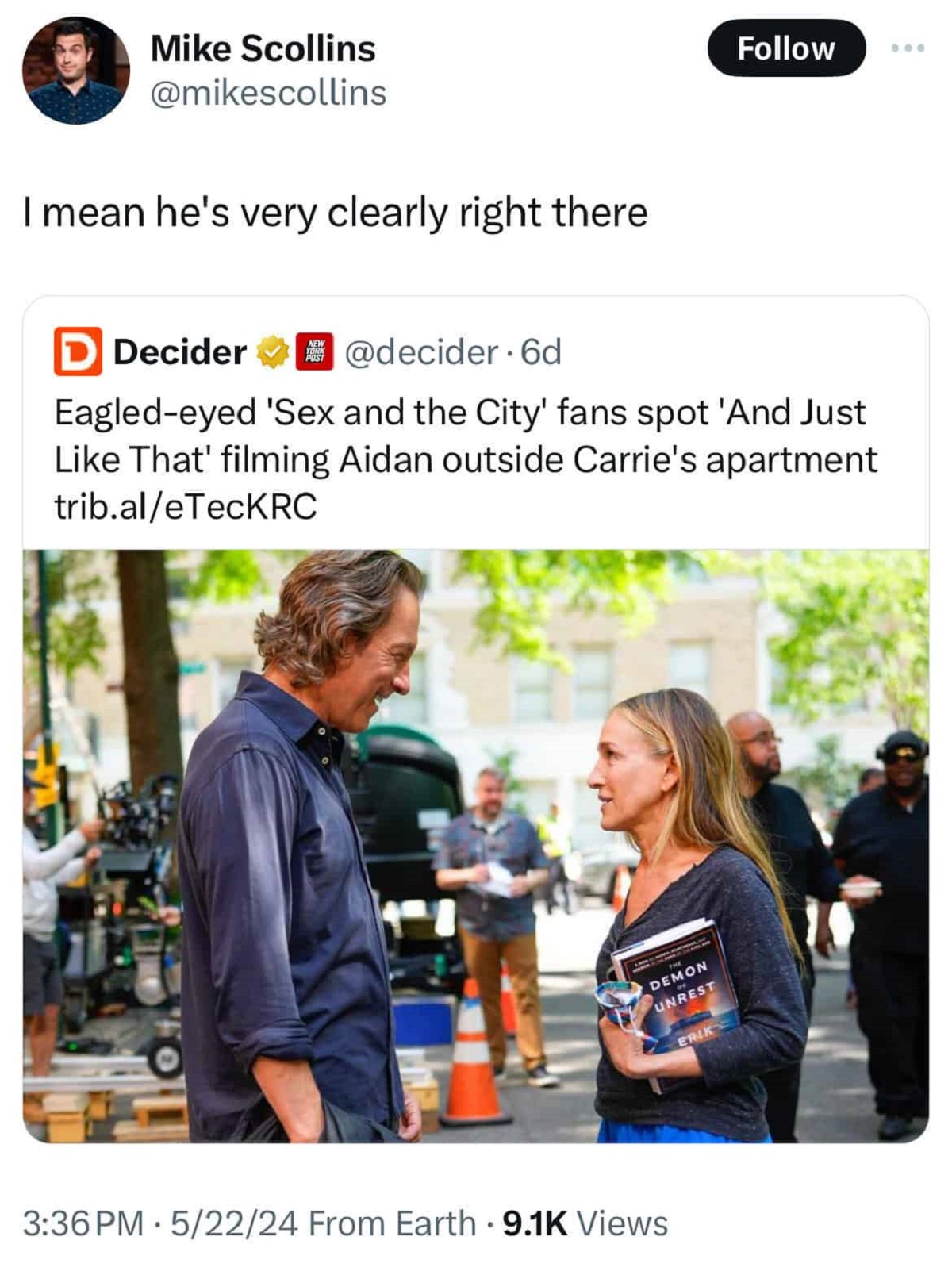 Aidan Shaw - Mike Scollins I mean he's very clearly right there New York Post D Decider . 6d Eagledeyed 'Sex and the City' fans spot 'And Just That' filming Aidan outside Carrie's apartment trib.aleTecKRC 52224 From Earth Views Demon Unrest Erik