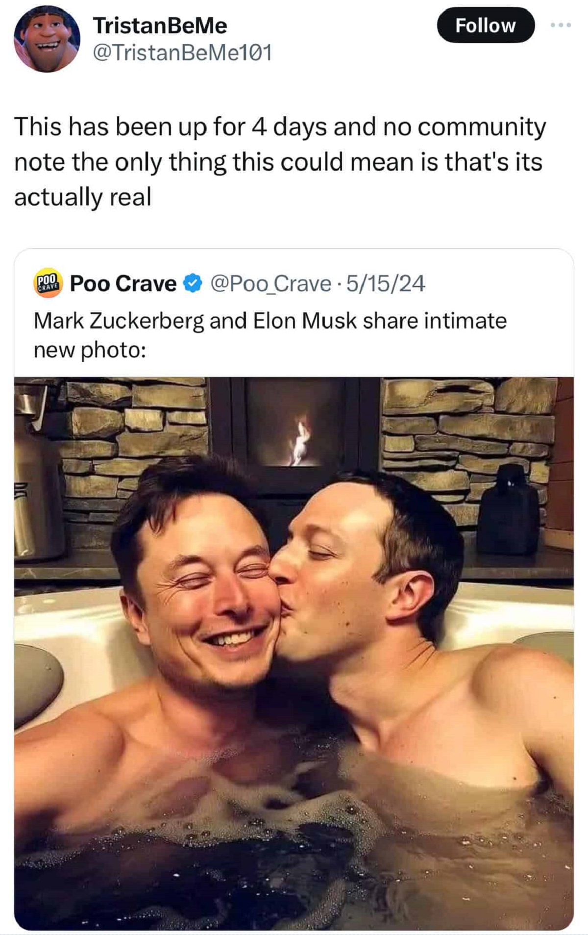 elon musk mark zuckerberg kiss - TristanBeMe This has been up for 4 days and no community note the only thing this could mean is that's its actually real Poo Crave Crave 51524 Mark Zuckerberg and Elon Musk intimate new photo