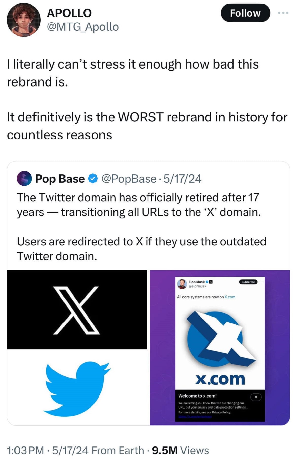screenshot - Apollo I literally can't stress it enough how bad this rebrand is. It definitively is the Worst rebrand in history for countless reasons Pop Base 51724 The Twitter domain has officially retired after 17 years transitioning all URLs to the 'X'