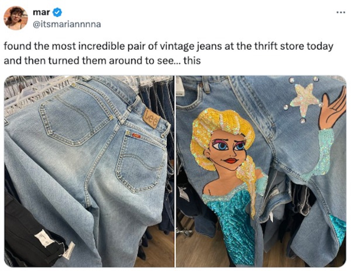 art - B mar found the most incredible pair of vintage jeans at the thrift store today and then turned them around to see... this Leel