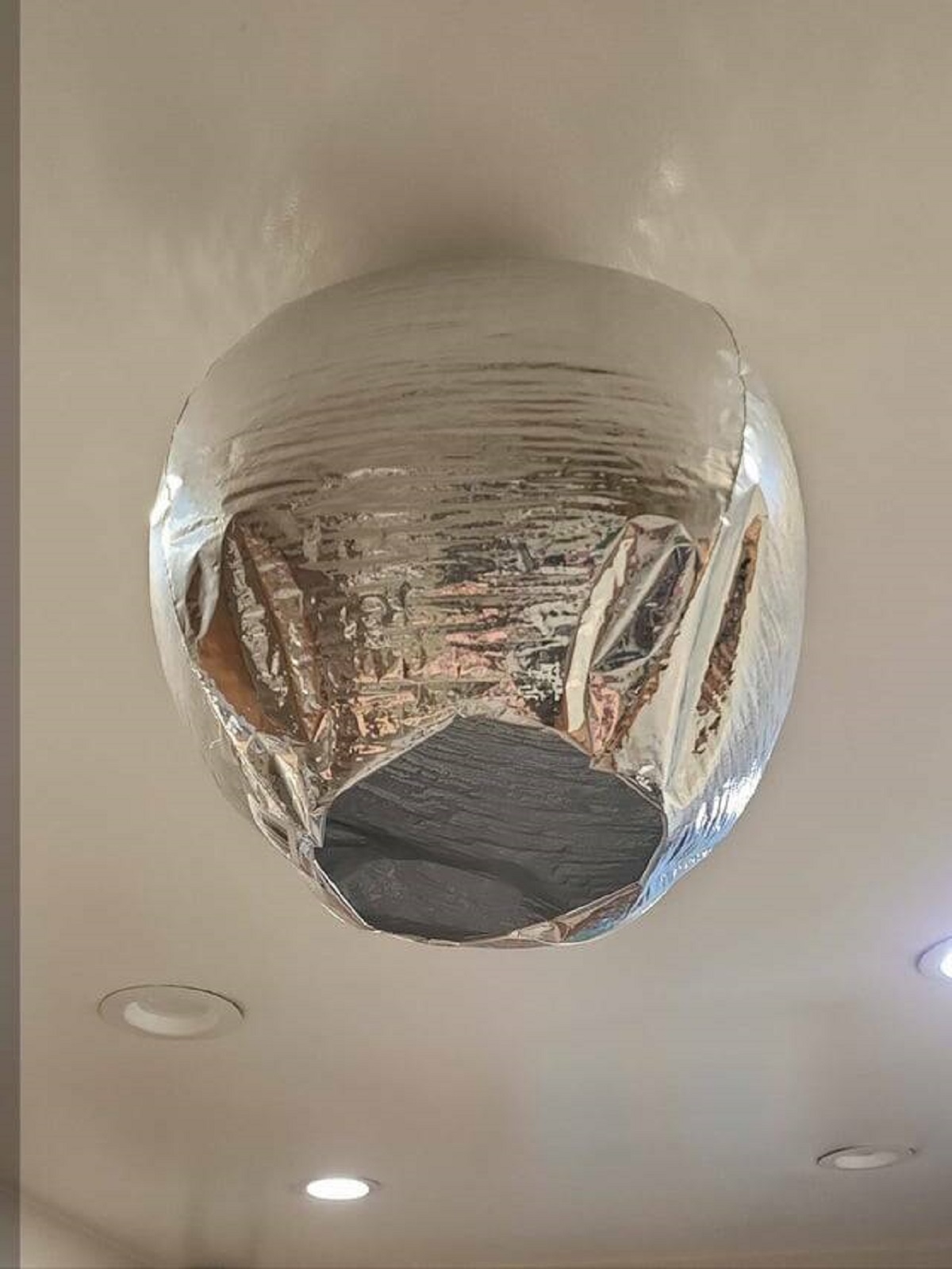 "A mylar balloon that is cut open, but is still holding helium and floating"