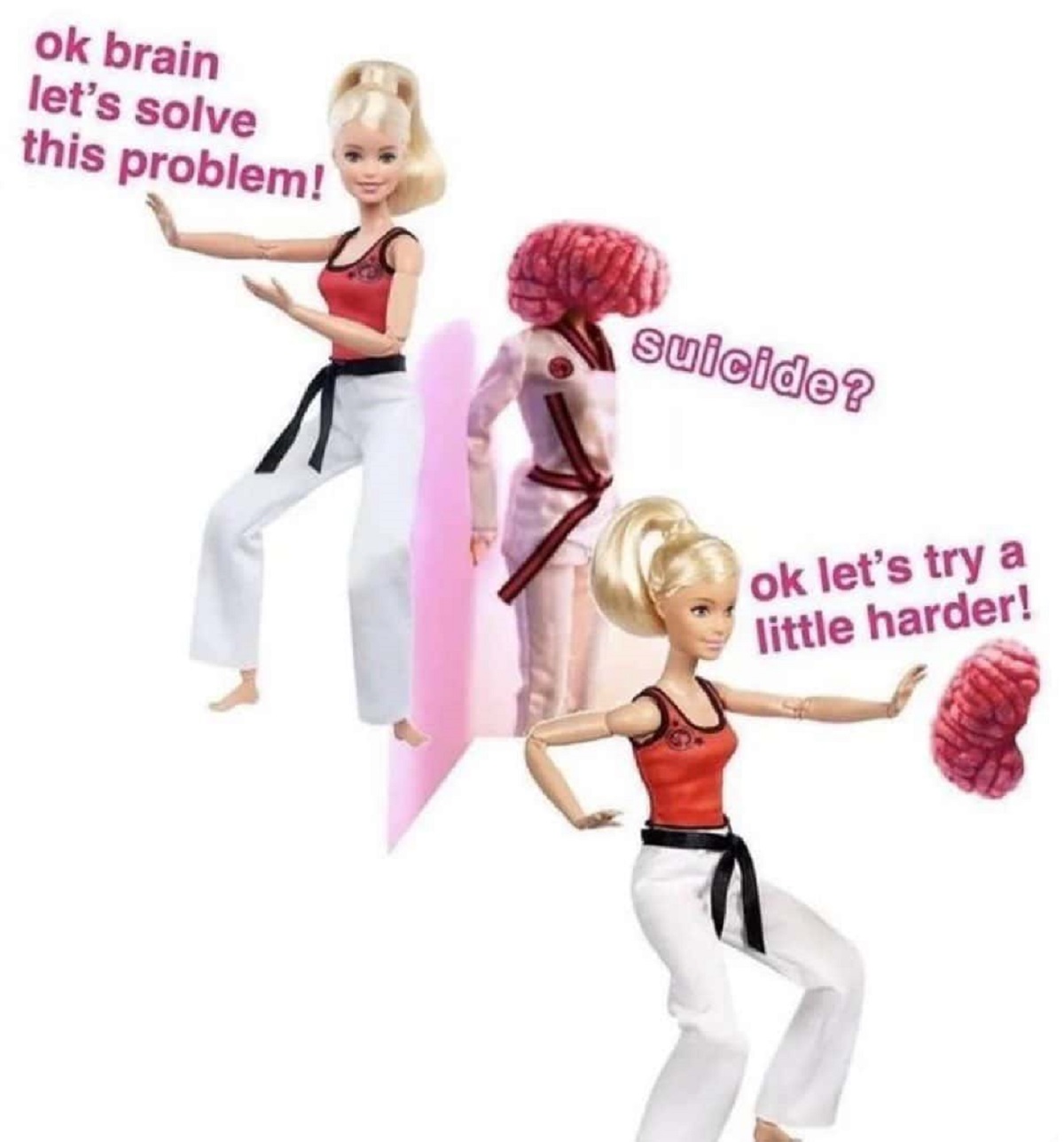 barbie made to move karate doll - ok brain let's solve this problem! suicide? ok let's try a little harder!