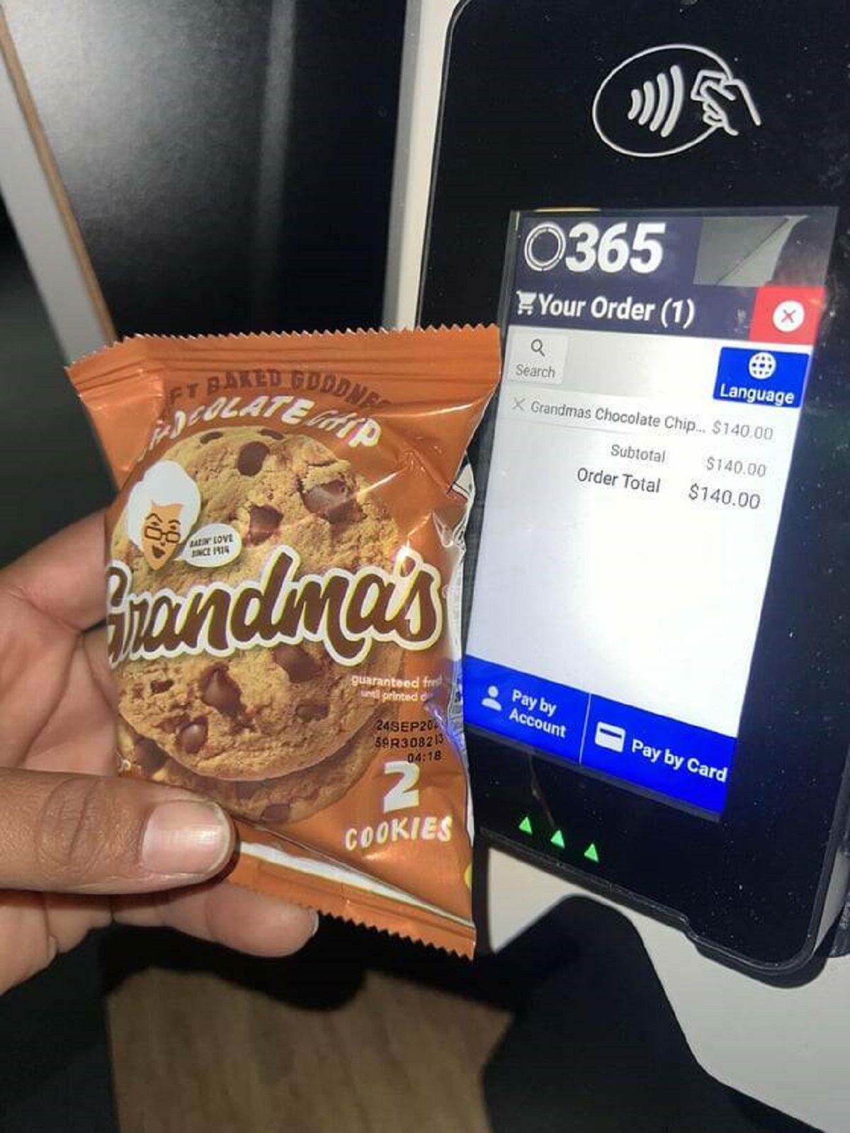 chocolate - Ft Baked Goodnes 0365 Your Order 1 Q Search Language XGrandmas Chocolate Chip... $140.00 Subtotal $140.00 Bazin Love Since 1914 Brandma's guaranteed fred until printed d 24SEP20 59R308213 Pay by Account N Cookies Order Total $140.00 Pay by Car