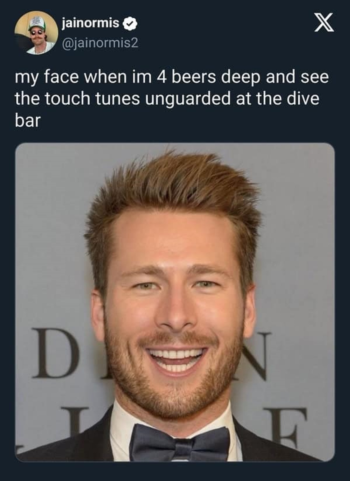 glen powell capybara meme - jainormis X my face when im 4 beers deep and see the touch tunes unguarded at the dive bar D N F