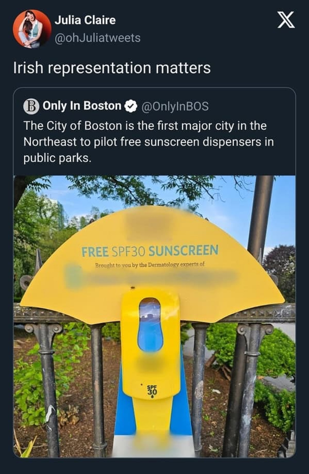 tree - Julia Claire Irish representation matters Only In Boston The City of Boston is the first major city in the Northeast to pilot free sunscreen dispensers in public parks. Free SPF30 Sunscreen X