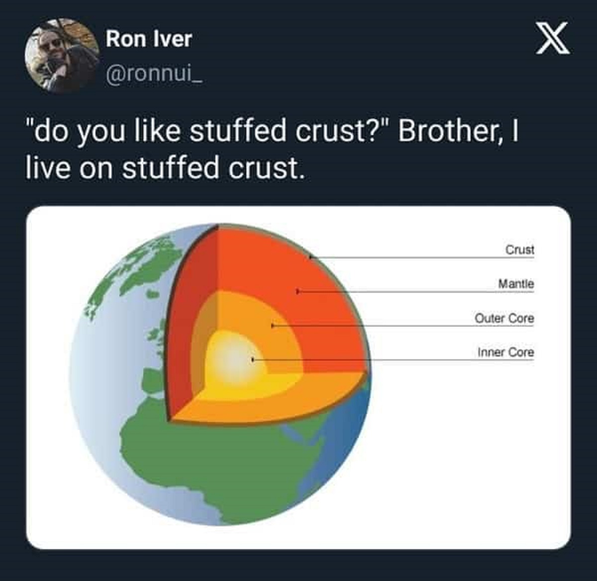 inner structure of earth - Ron Iver "do you stuffed crust?" Brother, I live on stuffed crust. Crust Mantle Outer Core Inner Core X