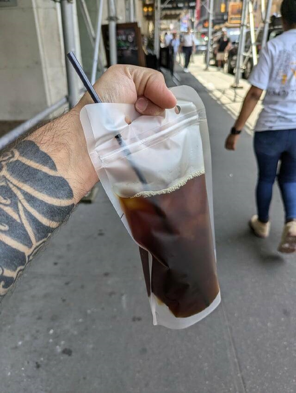 "My cold brew was served to me in a plastic bag."