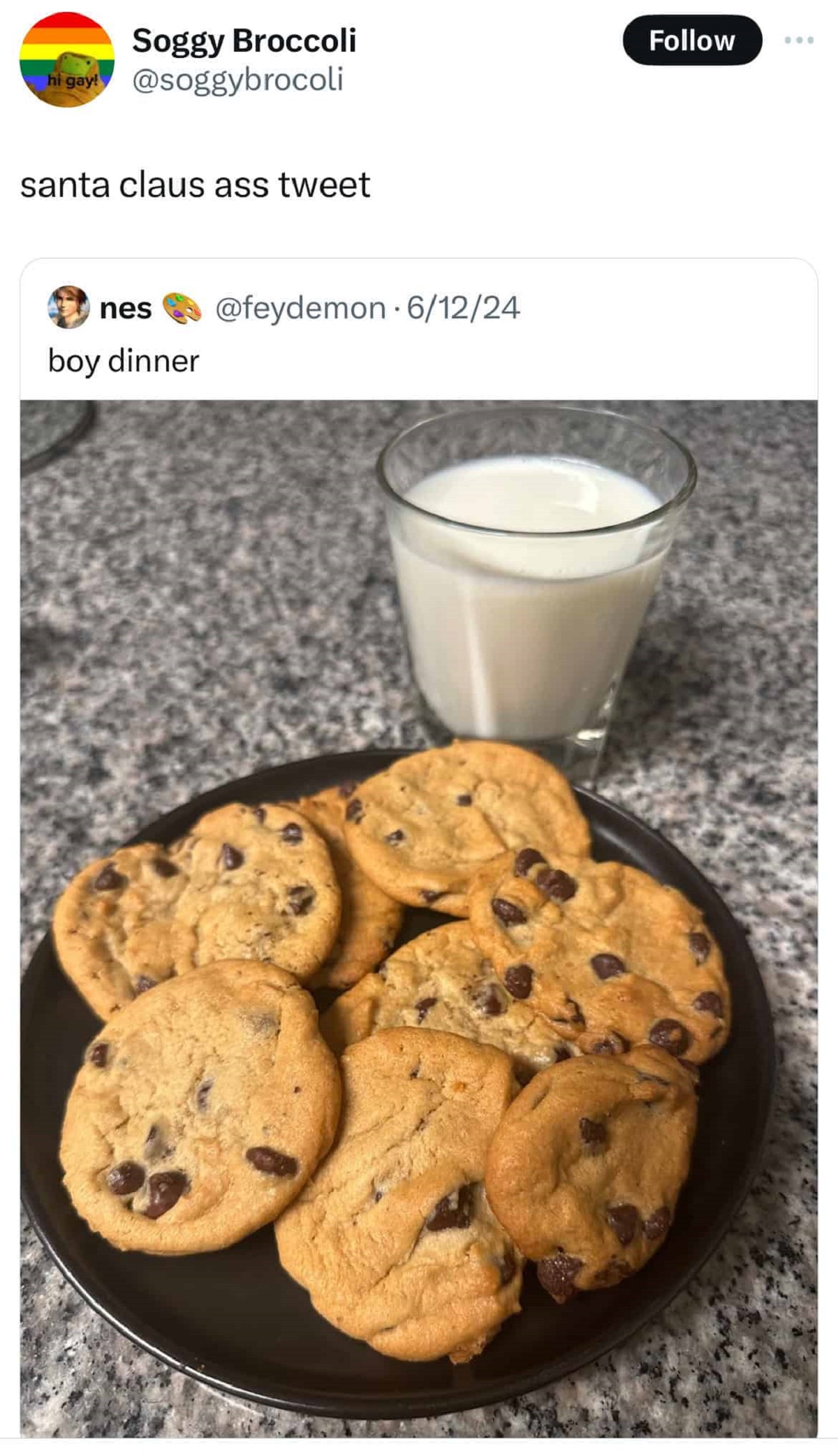 chocolate chip cookie - Soggy Broccoli santa claus ass tweet nes 61224 boy dinner