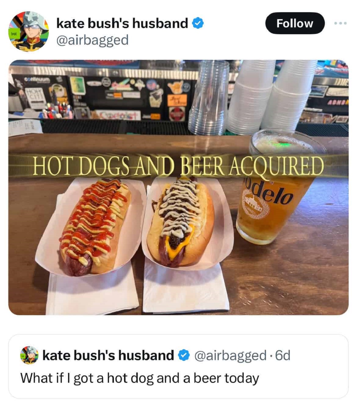chili dog - brat kate bush's husband beinuum Hot Dogs And Beer Acquired kate bush's husband delo 6d What if I got a hot dog and a beer today