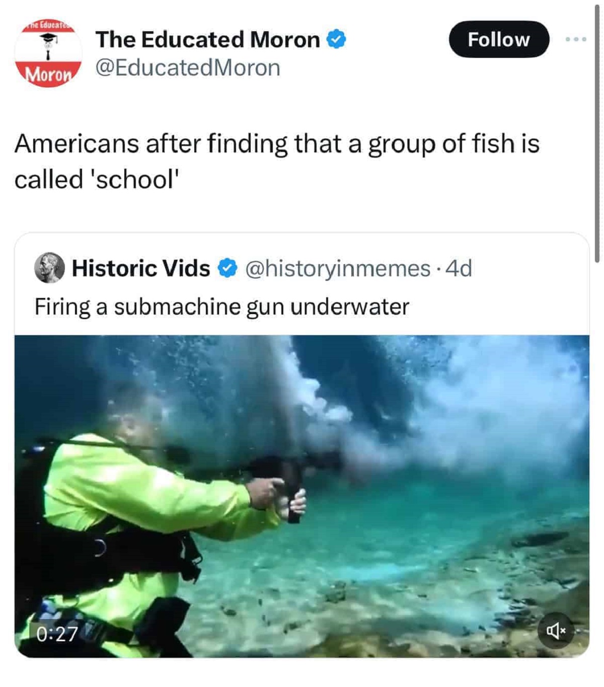 screenshot - The Educate Moron The Educated Moron Americans after finding that a group of fish is called 'school' Historic Vids Firing a submachine gun underwater