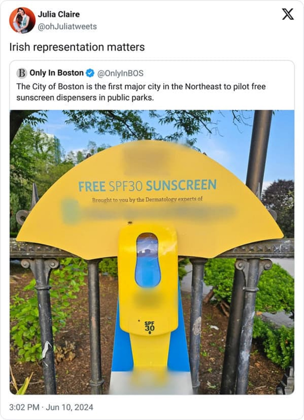 playground - Julia Claire Irish representation matters B Only In Boston The City of Boston is the first major city in the Northeast to pilot free sunscreen dispensers in public parks. Free SPF30 Sunscreen Brought to you by the Dermatology experts of Spf 3