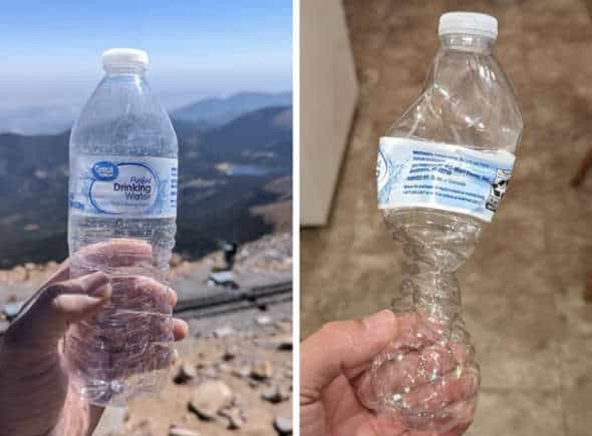A water bottle dropped thousands of feet? The atmospheric pressure difference from 14,000 feet, down to 550 feet.