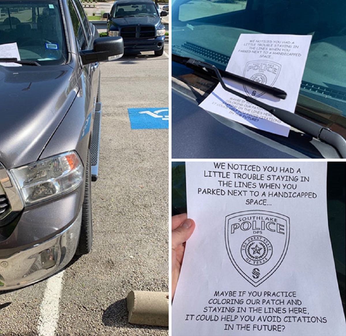 parking inside the lines - We Noticed You Had A Little Trouble Staying In The Lines When You Parked Next To A Handicapped Space... Southlake Police $ Maybe If You Practice Coloring Our Patch And Staying In The Lines Here, It Could Help You Avoid Citations