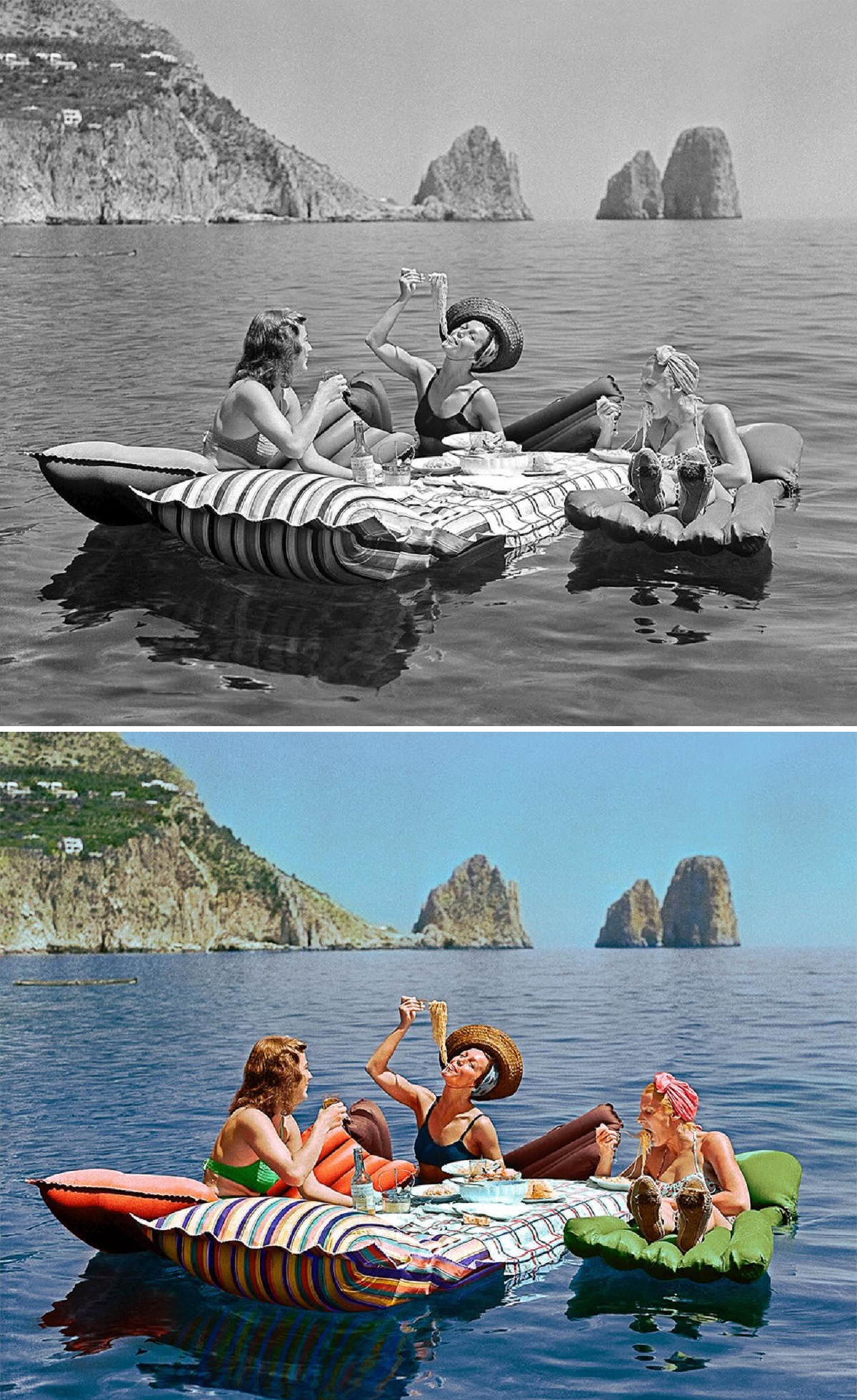 Three Women Eating Spaghetti On Inflatable Mattresses At Capri, 1939.