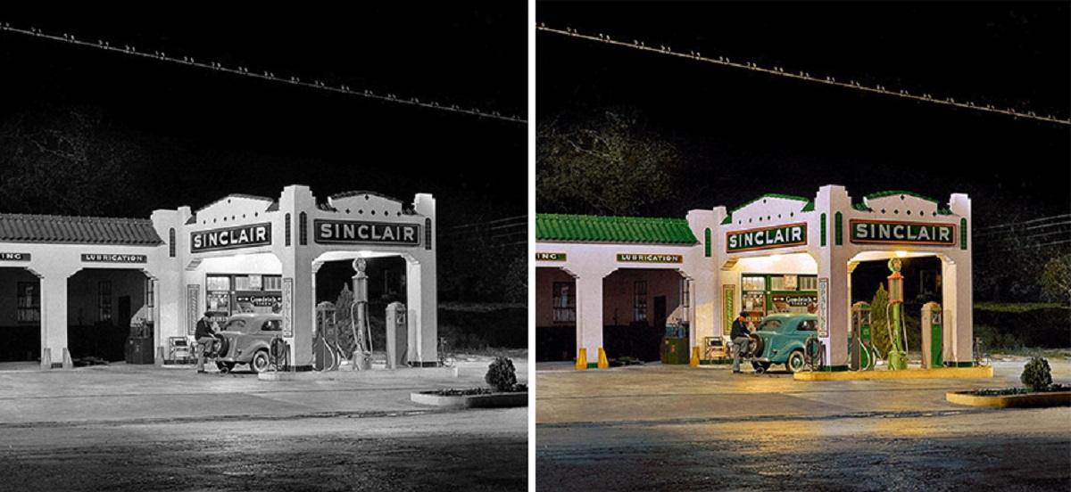 Sinclair Gasoline Station At Night, San Augustine, Texas. April 1939