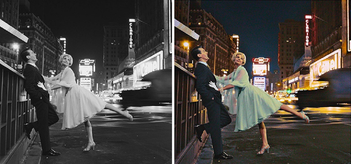 A Couple In Formal Evening Wear Pose For A Fashion Shoot At Night In New York’s Times Square, 1959