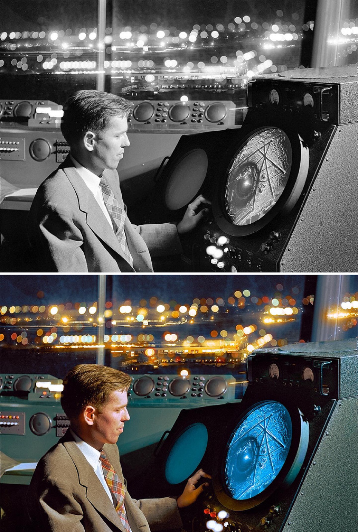 September 1952. "Man In An Airport Control Tower Looking At Radar Screen."