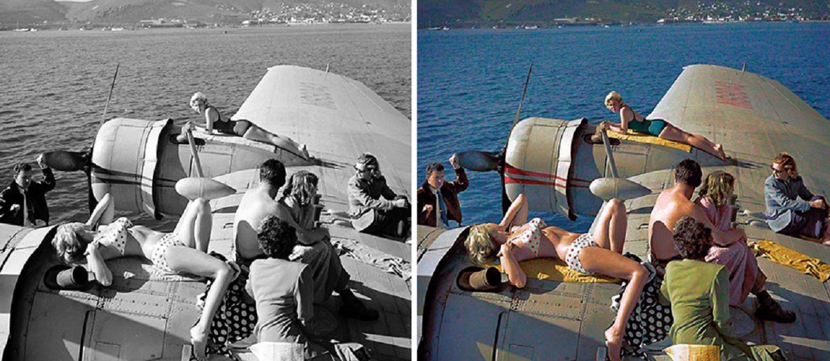 Passengers Having A Sunbath On The Wings Of The Plane. All Aboard The Incredible Flying Yacht, Circa 1950