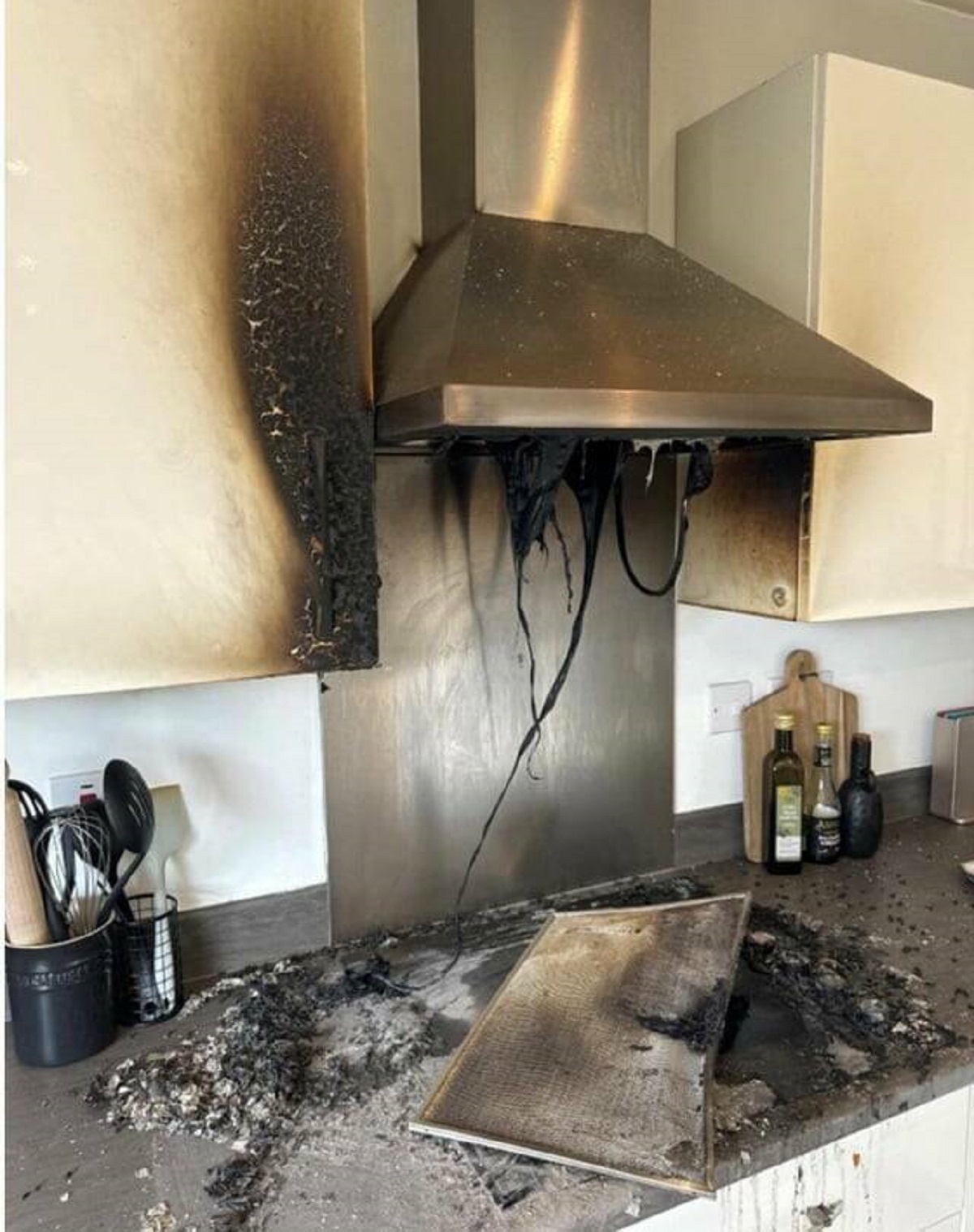 "Came home from work today to find out our cooker hood had set alight due to electrical fault, covering the house in soot and smoke. We’ve had to move into temporary housing."