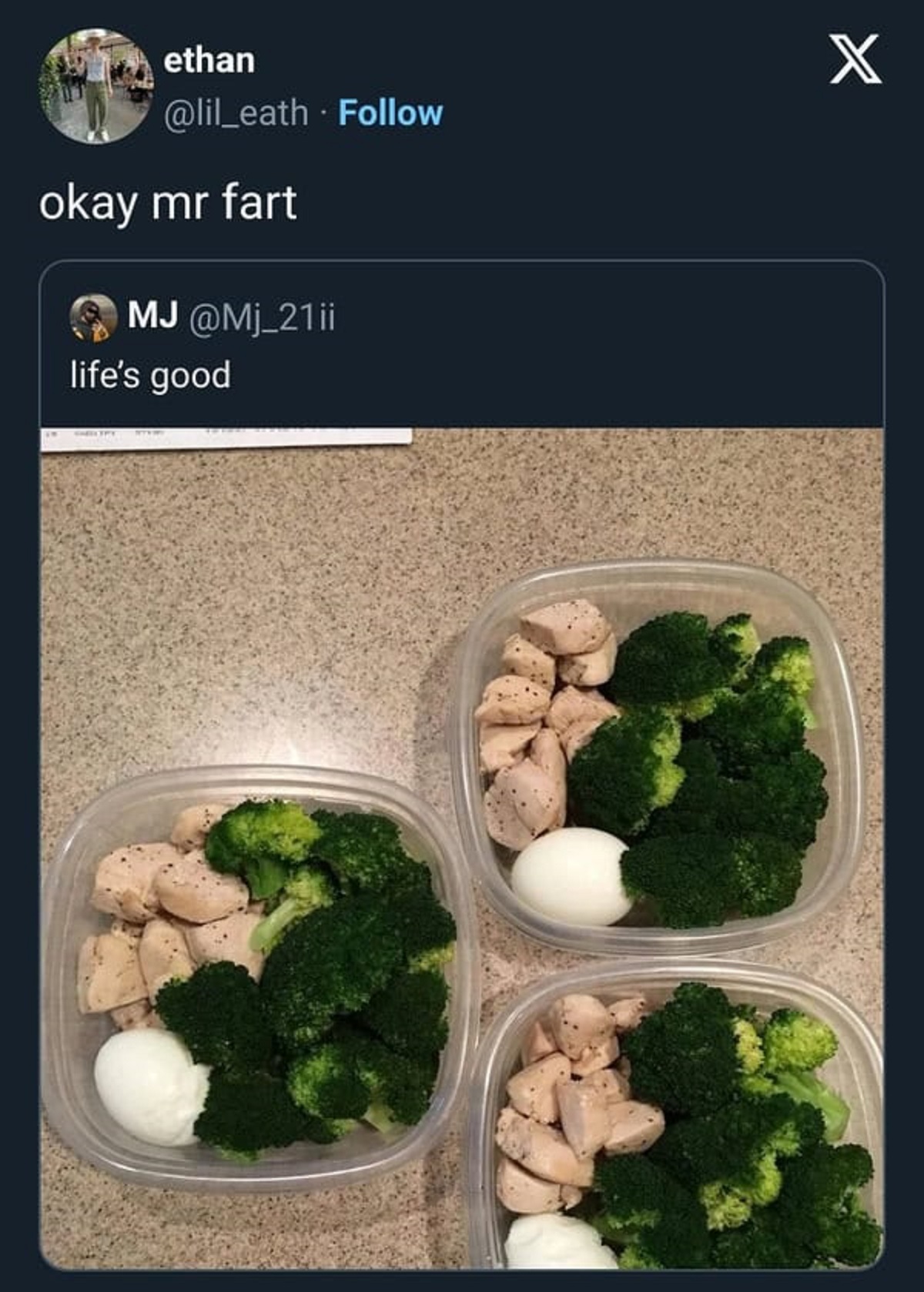 Chicken and broccoli - ethan . okay mr fart Mj life's good X