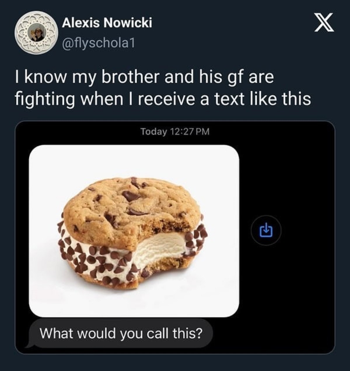 two brands of chipwich - Alexis Nowicki I know my brother and his gf are fighting when I receive a text this Today X What would you call this?