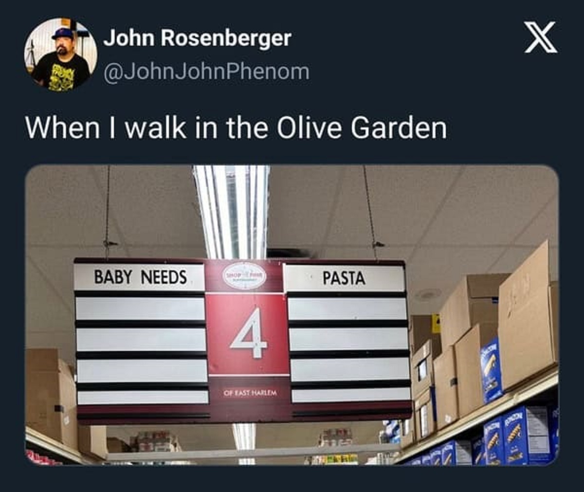 stadium - John Rosenberger When I walk in the Olive Garden Baby Needs Shop Pasta 4 Of East Harlem X
