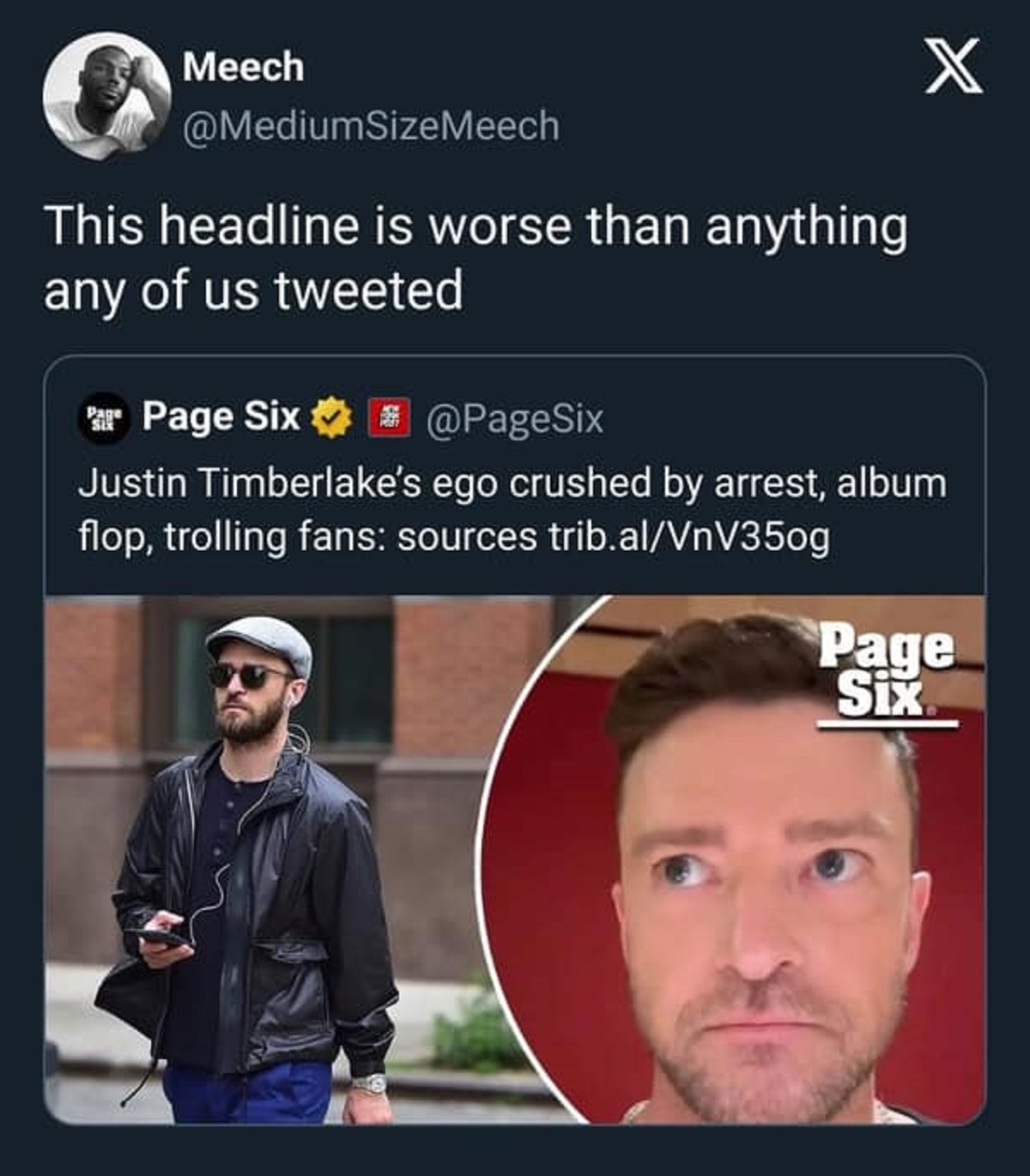 screenshot - Meech SizeMeech This headline is worse than anything any of us tweeted Page Six X Justin Timberlake's ego crushed by arrest, album flop, trolling fans sources trib.alVnV350g Page Six