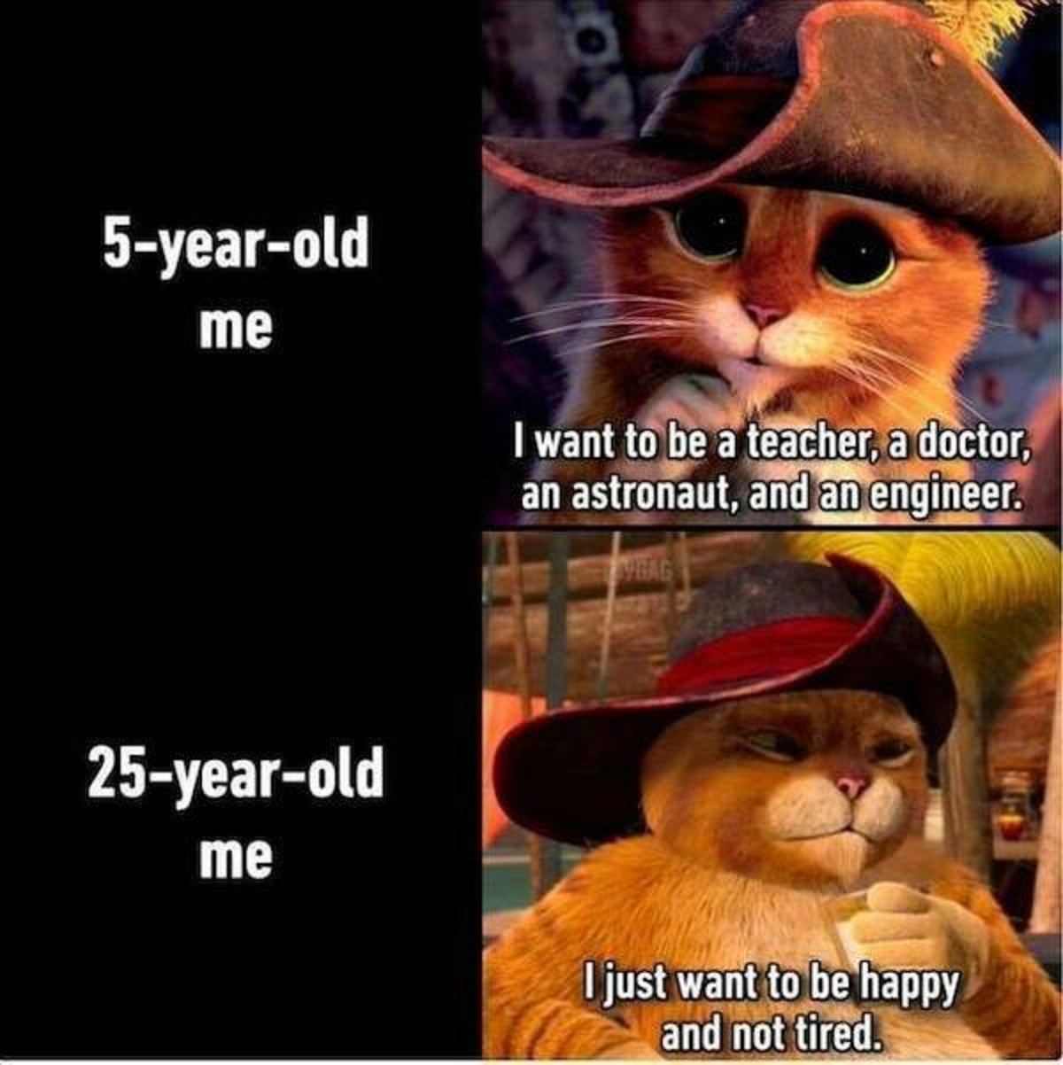 puss in boots is cute - 5yearold me I want to be a teacher, a doctor, an astronaut, and an engineer. Vibag 25yearold me I just want to be happy and not tired.
