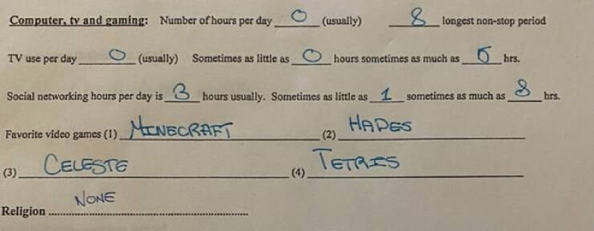 "I'm filling out patient info packet for my new doctor, and she wants to know what my favorite videogames are."