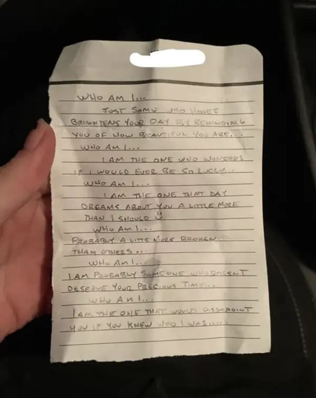 “Someone’s been leaving notes on my car at work, this is the most recent and in-depth one yet. Nope.”